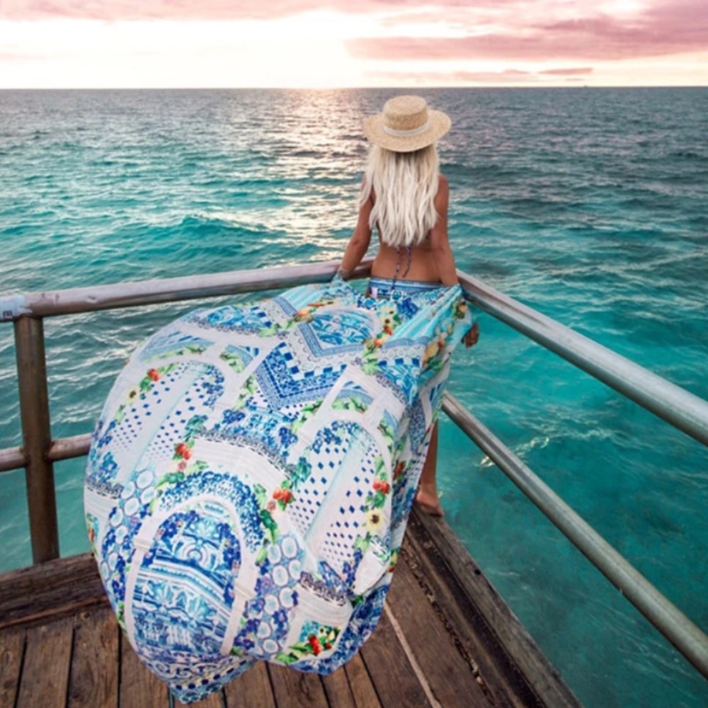 White Blue Boho Kimono Cover up Swim Floral - Picture 2 of 6